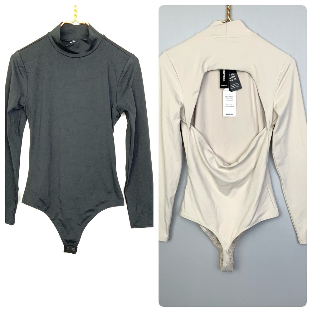 2 NWT Express Mock Neck Open Back Long Sleeve Body Contour Compression Bodysuits